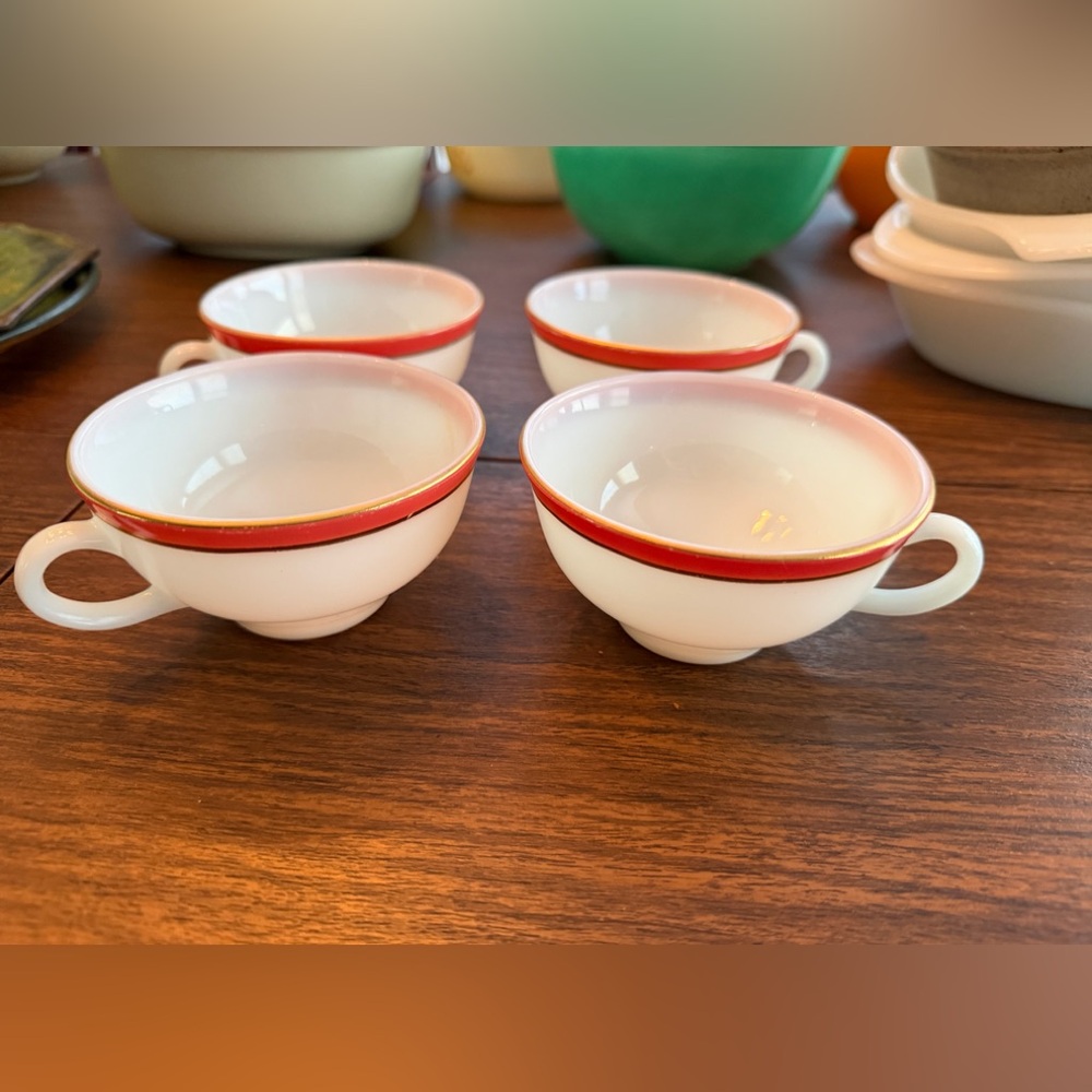 Vintage Pyrex White Mugs with Mauve Tone Trim